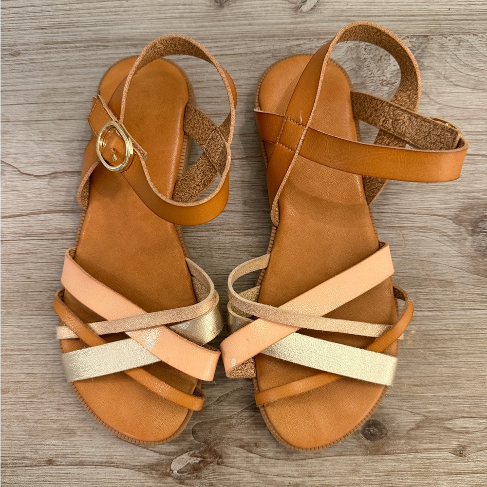 Chic Tan Gold and Pink Velcro Buckle Kids Sandals